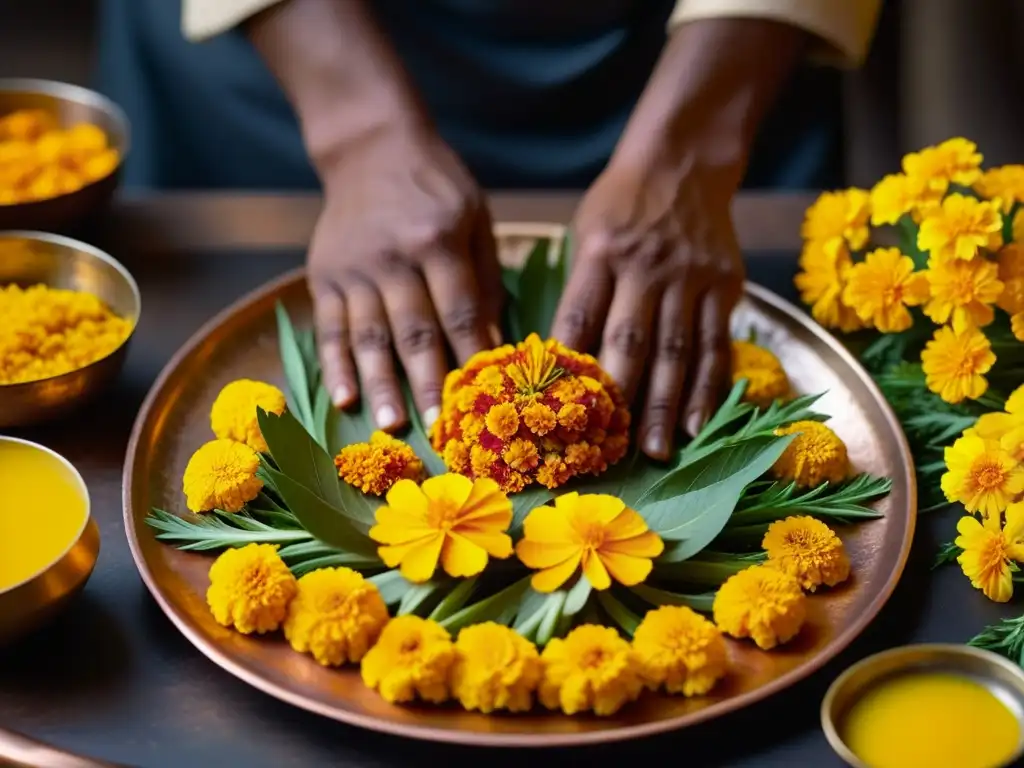 Un chef arregla flores, especias y ghee en un thali de cobre, evocando la preparación meticulosa de recetas históricas cultura Ram Navami