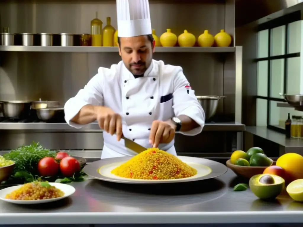 Un chef francés en una cocina parisina preparando plato sudamericano, fusionando técnicas culinarias