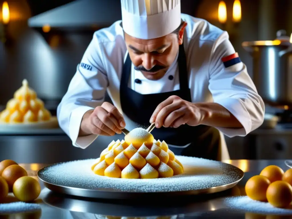 Un chef francés creando una escultura de azúcar, destacando la precisión y arte culinario