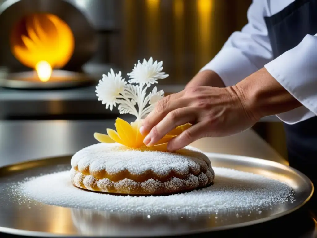 Un chef francés experto moldea una escultura de azúcar en una academia culinaria, reflejando la intensidad y precisión de su arte culinario