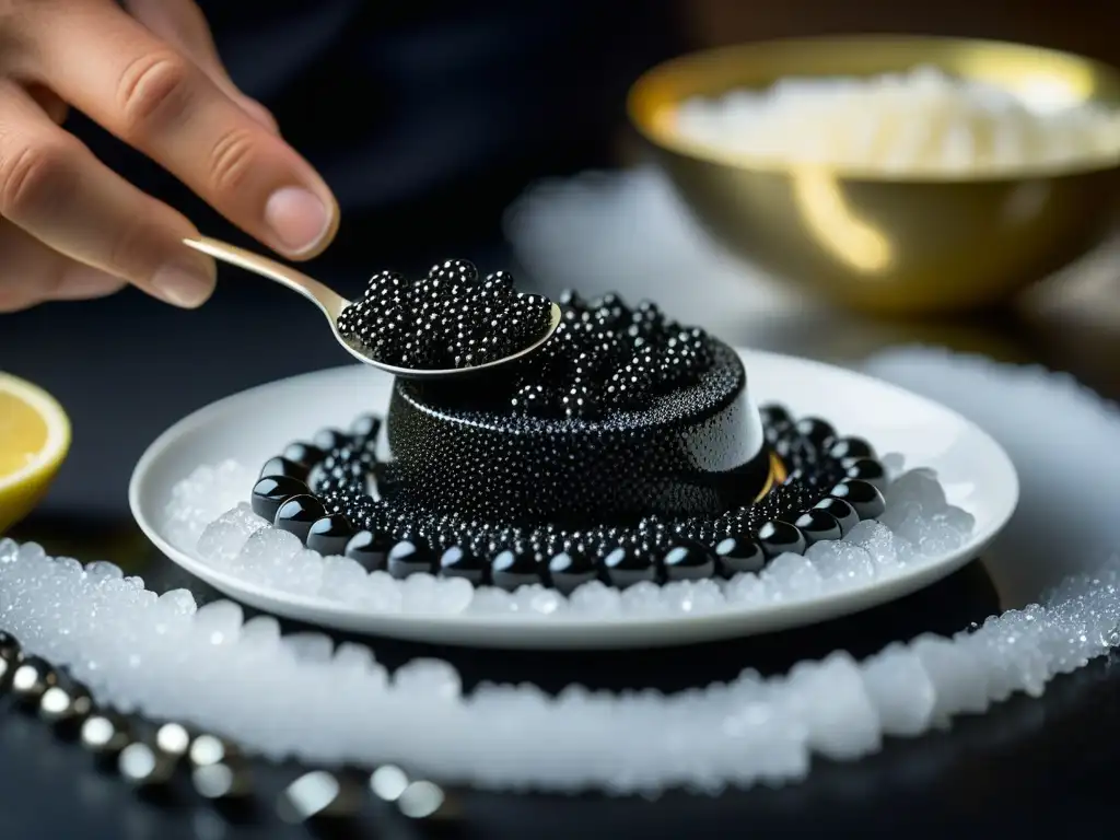 Un chef francés experto muestra maestría al presentar caviar negro sobre hielo, reflejando la sofisticación culinaria francesa con precisión