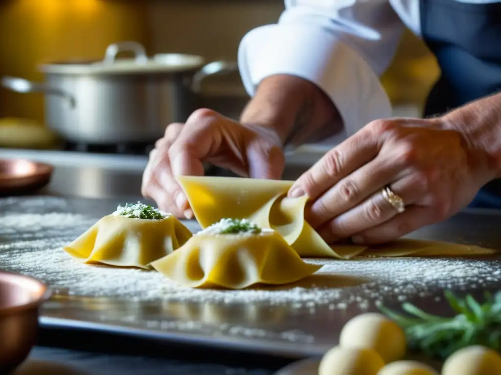 Un chef francés dando forma a raviolis con influencia gastronomía italiana en una cocina tradicional francesa