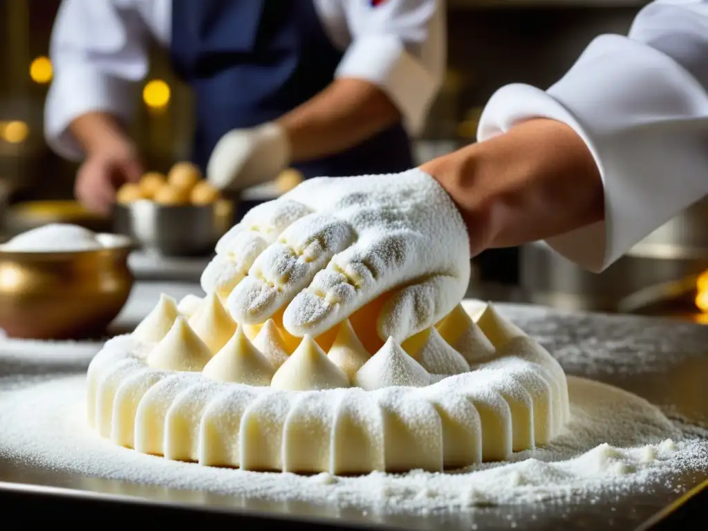 Un chef francés en plena revolución culinaria esculpe con destreza una delicada escultura de azúcar, mostrando su arte y habilidad en la cocina