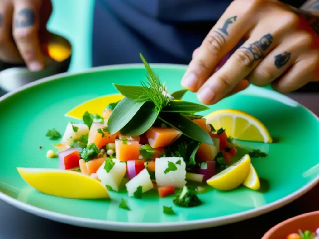 Un chef francés en Sudamérica adorna con precisión un ceviche colorido con hierbas frescas, fusionando sabores y culturas