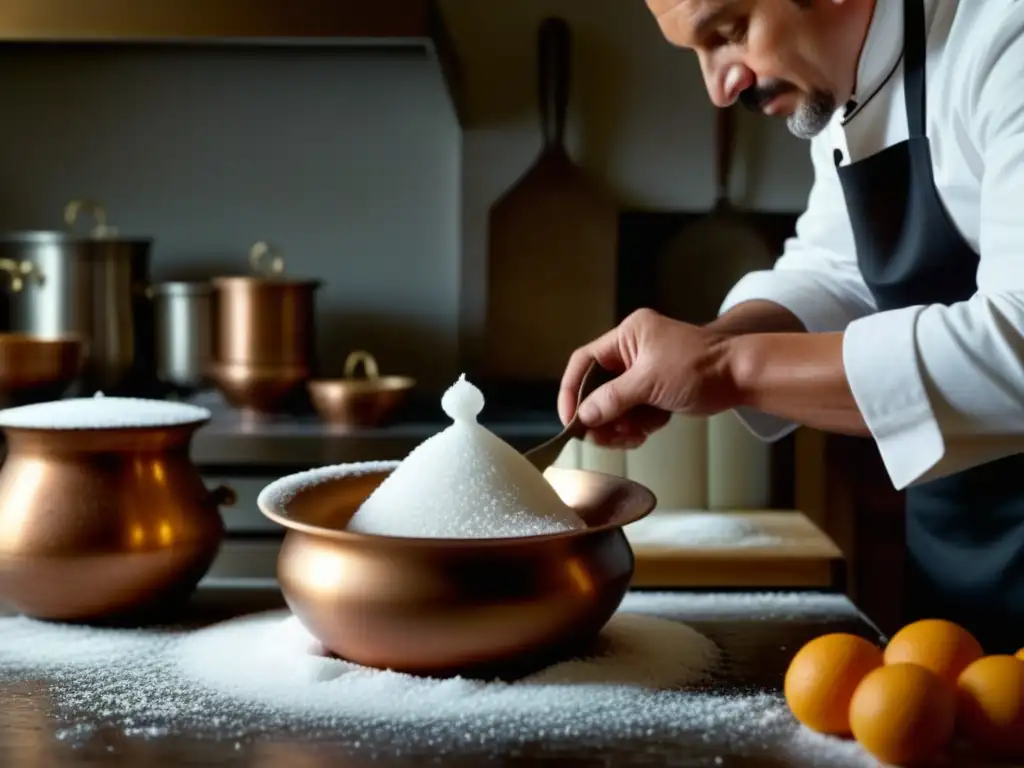 Un chef francés en la revolución culinaria, esculpiendo con precisión una escultura de azúcar en una cocina rusa bulliciosa