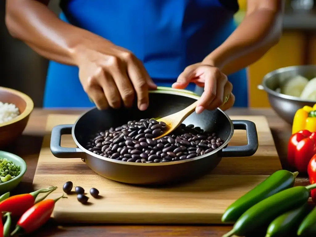 Un chef sazona frijoles negros en una cocina cubana del siglo XX