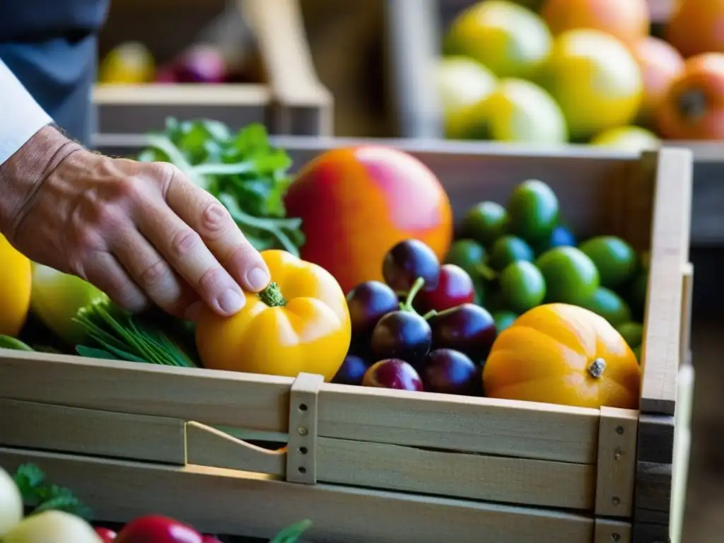 Un chef examina frutas y verduras frescas en un mercado bullicioso, transmitiendo pasión por la selección de ingredientes