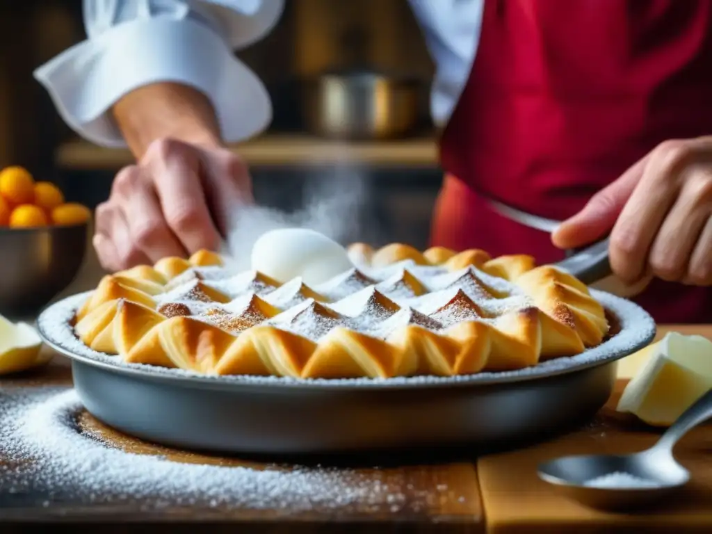 Un chef espolvoreando azúcar glas sobre un goulash dulce húngaro recién horneado, con detalles y relleno frutal vibrante