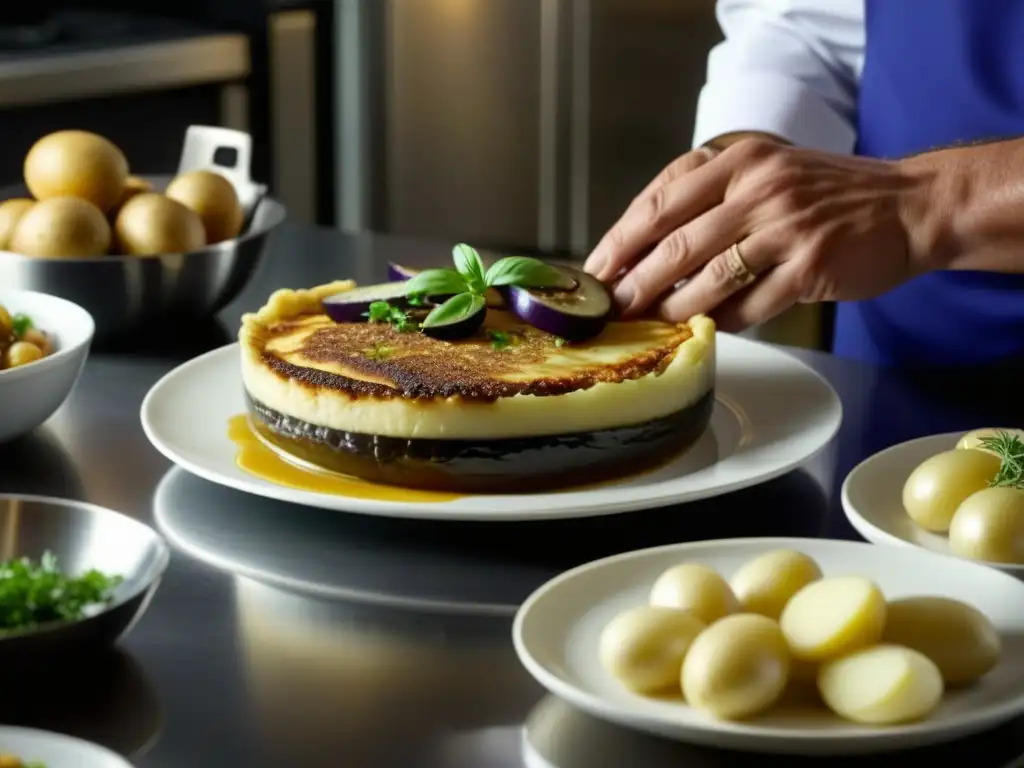 Chef griego preparando moussaka en cocina de lujo