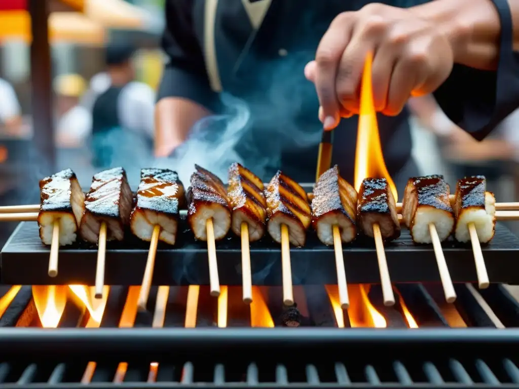 Un chef ensarta con precisión yakitoris perfectamente grillados en una calle japonesa bulliciosa