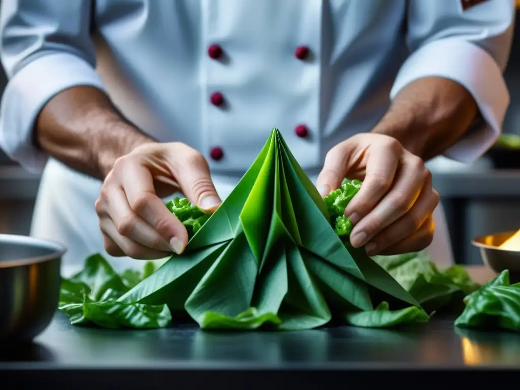 Un chef hábilmente dobla una grulla de origami con una hoja de lechuga verde en una cocina creativa llena de mensajes secretos y libertad culinaria