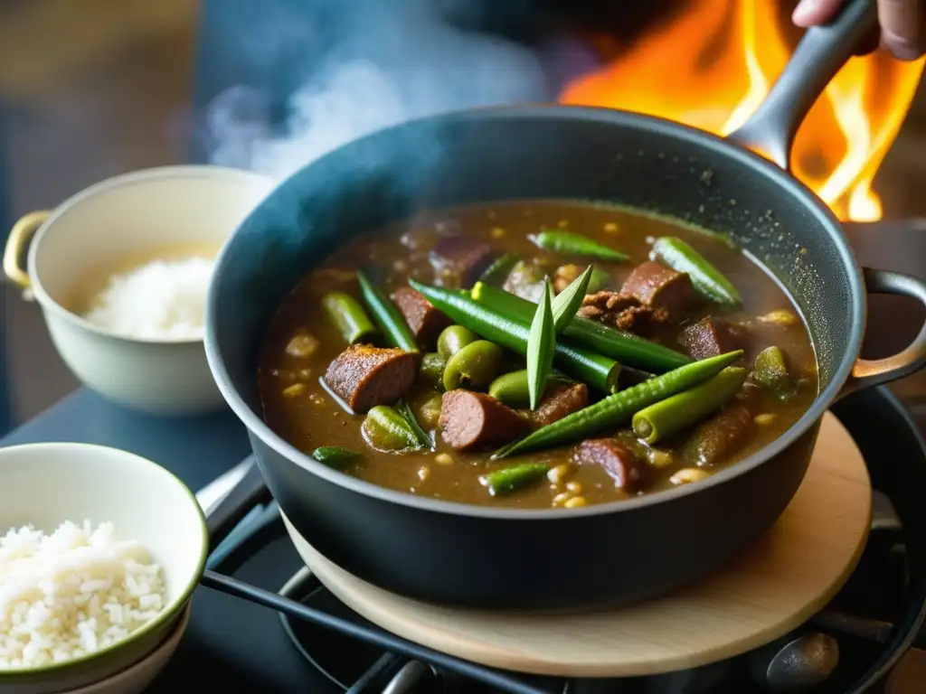 Un chef prepara un guiso criollo en una olla de hierro fundido sobre fuego, mostrando la influencia cocina criolla historia mundial