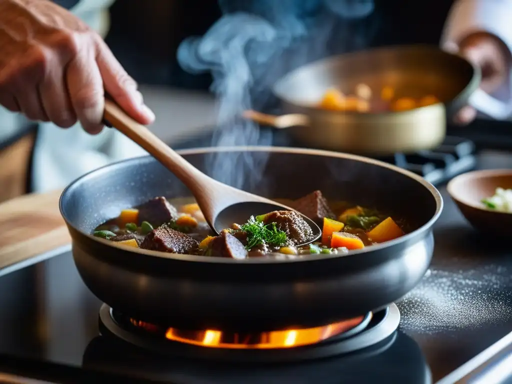 Un chef remueve un guiso histórico con cuchara de madera en cocina moderna, fusionando técnicas antiguas con gadgets contemporáneos