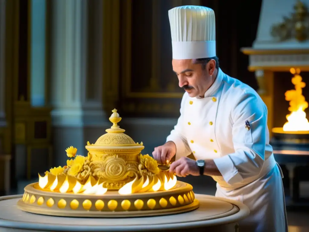 Un chef hábil moldea una escultura de azúcar en la cocina de corte en Versalles, reflejando elegancia y arte culinario