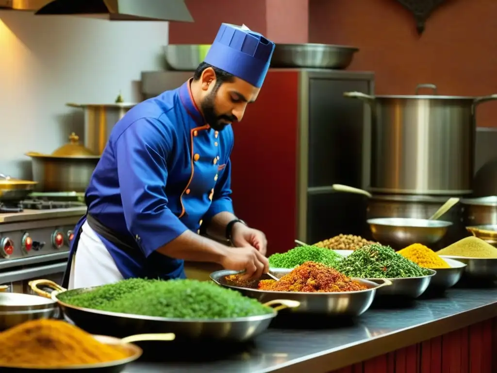 Un chef habilidoso en atuendo Mughal prepara platos auténticos en una cocina bulliciosa, preservando la Cocina Mughal en festivales religiosos