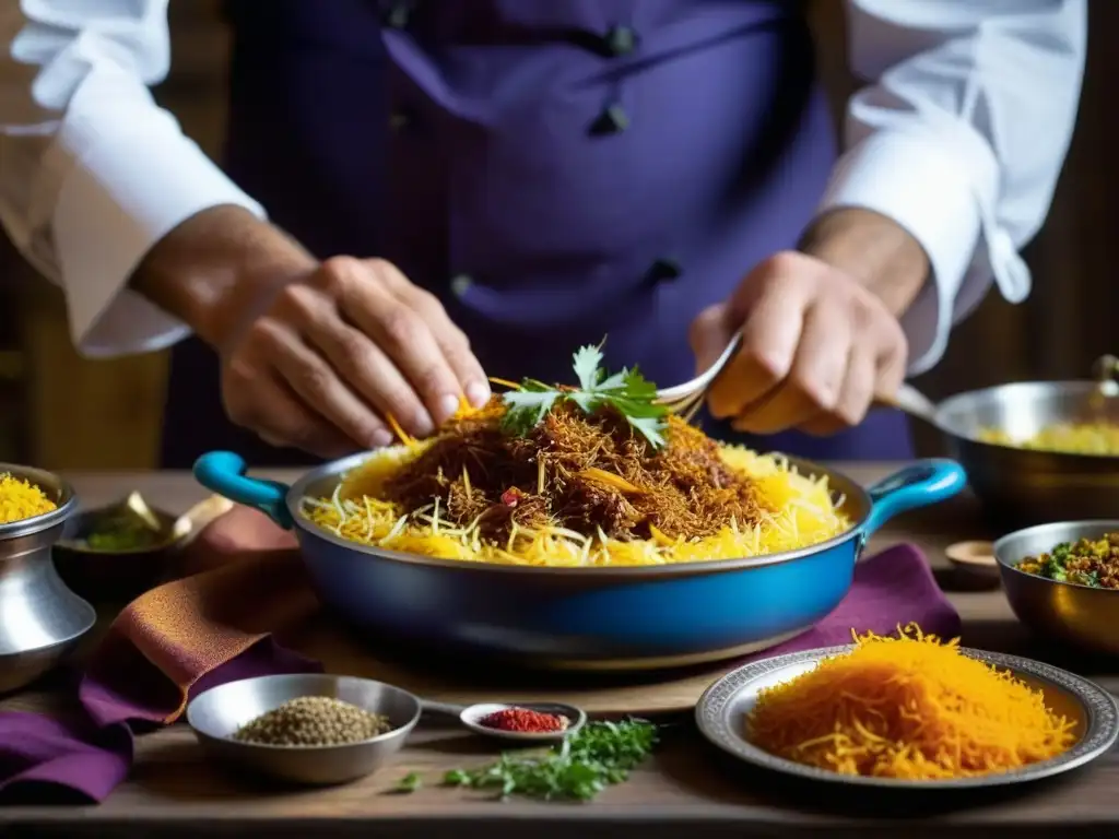 Un chef habilidoso en atuendo tradicional persa coloca hilos de azafrán en un biryani