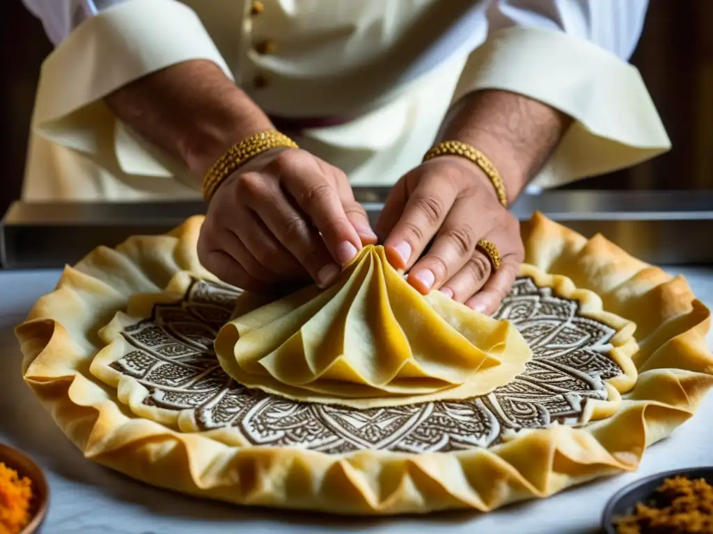 Un chef habilidoso en el Califato Abásida dobla filo para crear un postre tradicional, con diseño de henna y especias exóticas en la mesa