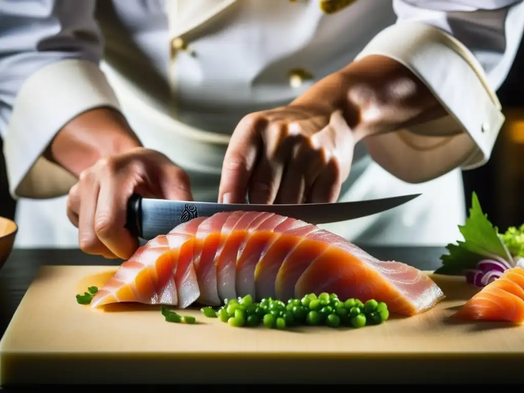 Un chef habilidoso transformando la cocina japonesa tradicional en una era moderna, cortando sashimi con precisión