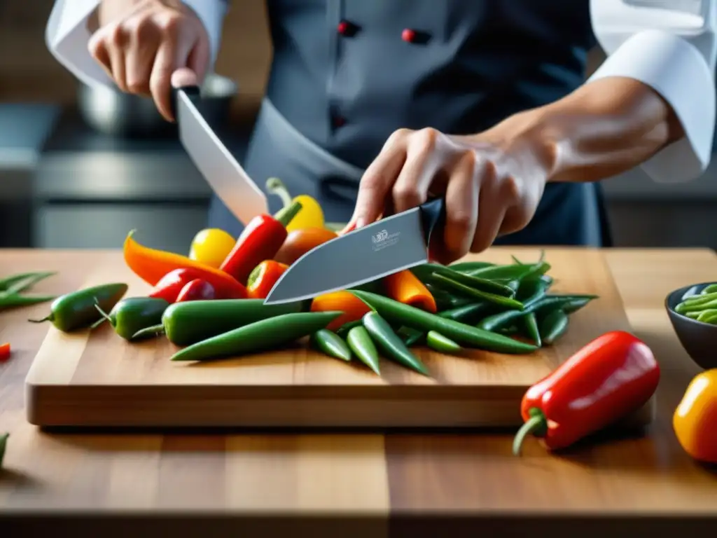 Un chef habilidoso corta verduras frescas en detalle para preparar un delicioso Chop suey en la gastronomía