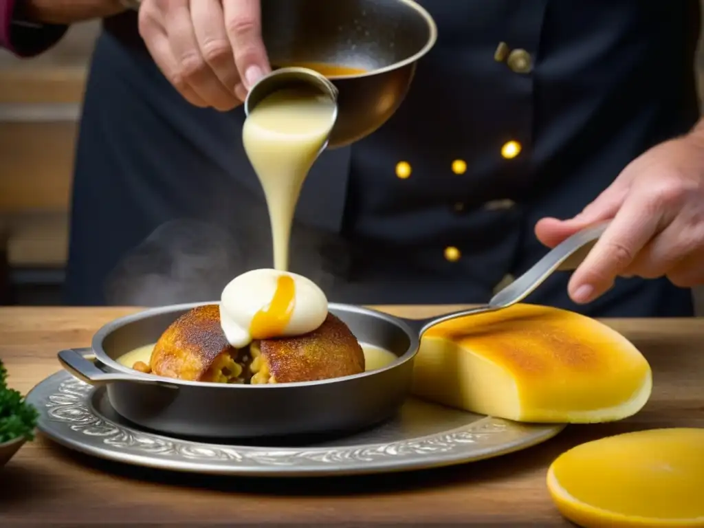 Un chef habilidoso prepara con detalle una 'Quenelle de Brochet' en una cocina rústica