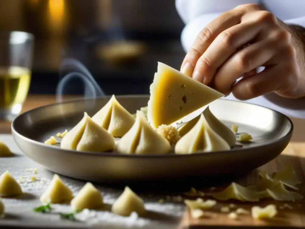 Un chef habilidoso rallando finas láminas de trufas blancas de lujo sobre un plato exquisito en una cocina elegante