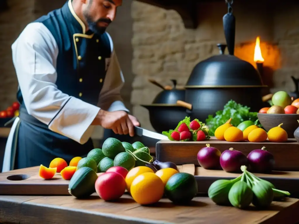 Un chef habilidoso prepara ingredientes en una cocina medieval de castillo