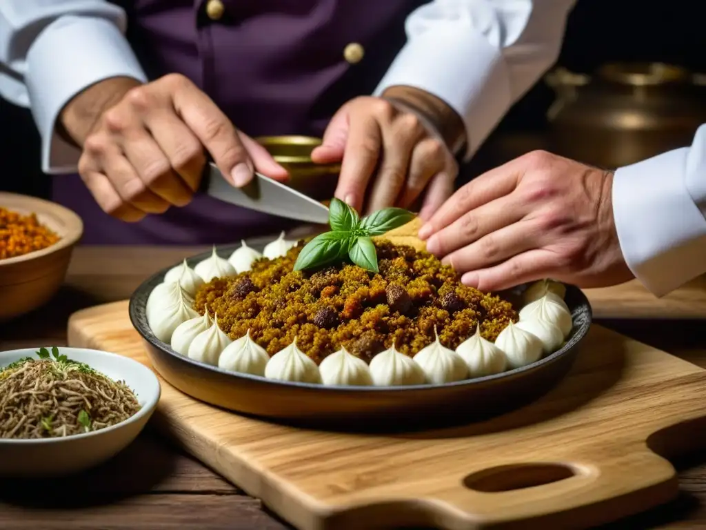 Un chef habilidoso prepara una receta histórica de cocina del Imperio Otomano, resaltando la artesanía culinaria