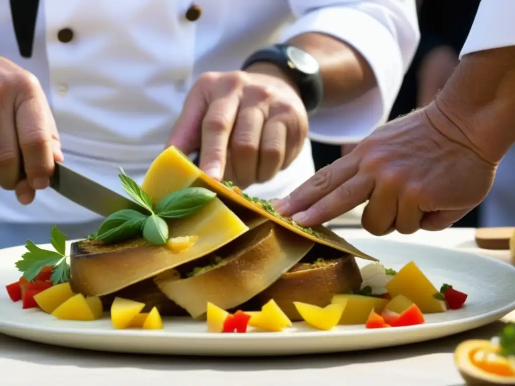 Un chef habilidoso prepara una receta tradicional en el Festival de Alhambra, destacando la cultura gastronómica del evento