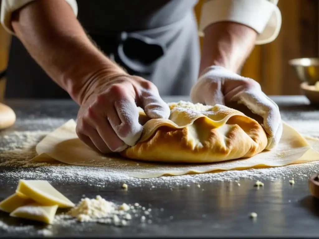 Un chef habilidoso adapta recetas francesas en una cocina rusa, con las manos expertas trabajando la masa de hojaldre