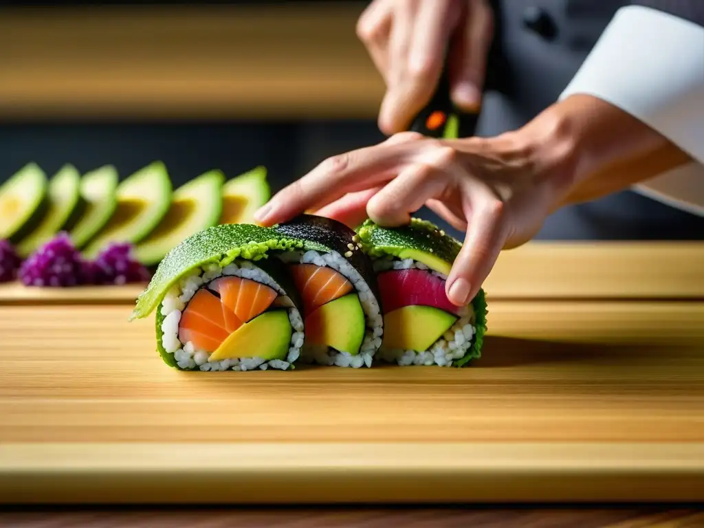 Un chef habilidoso crea un sushi innovador con quinua, mostrando la fusión culinaria