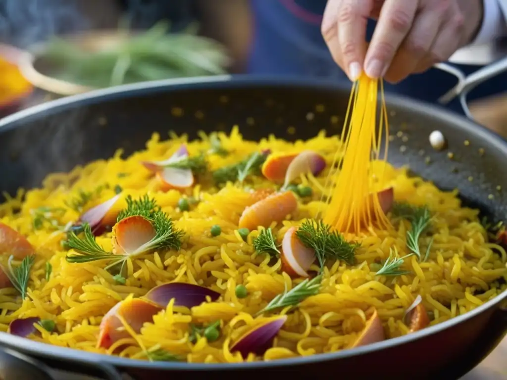 Chef esparciendo hebras de azafrán en paella burbujeante, reflejando la influencia de celebraciones en cocina española