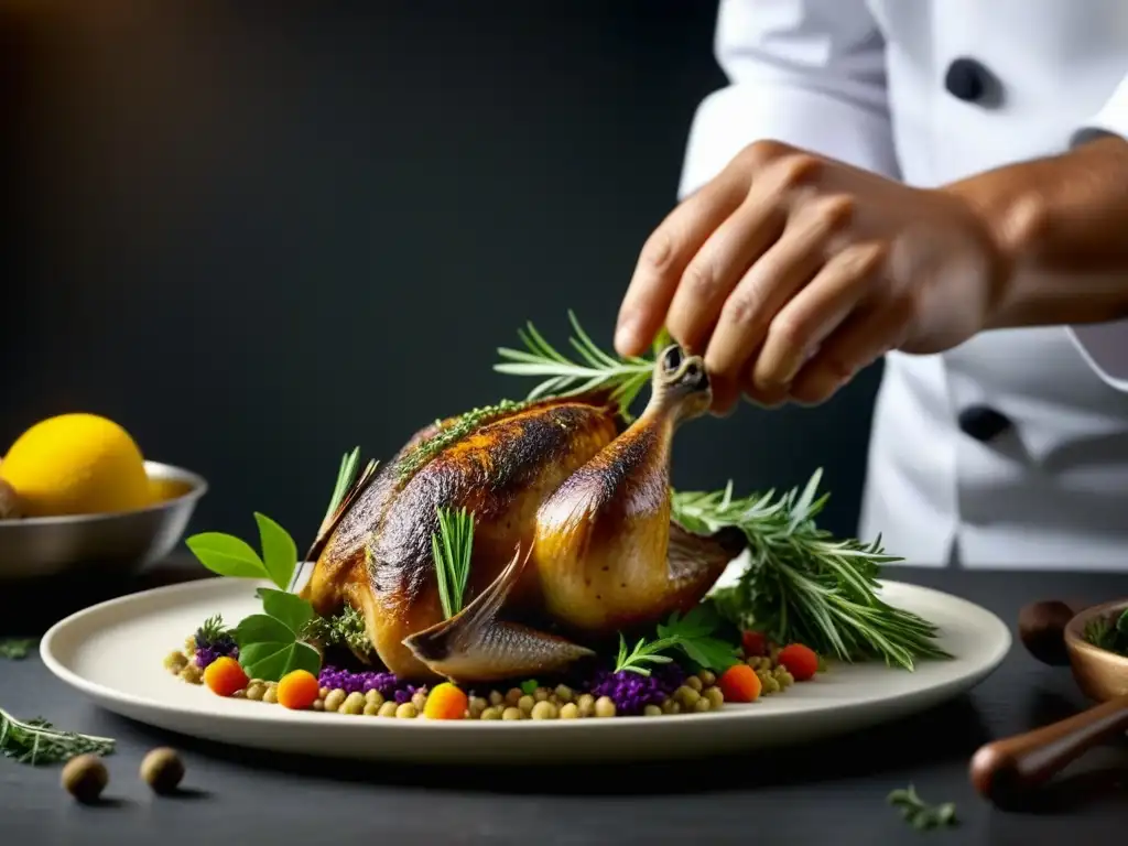 Un chef esparciendo hierbas y especias antioxidantes sobre un exquisito plato de codorniz asada