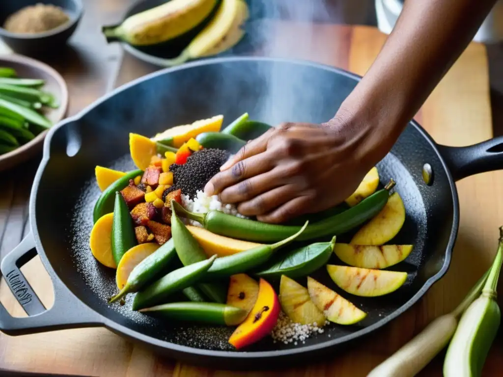 Un chef sazona con maestría una sartén de hierro con ingredientes afrocaribeños, fusionando legados culinarios en AfroAmérica