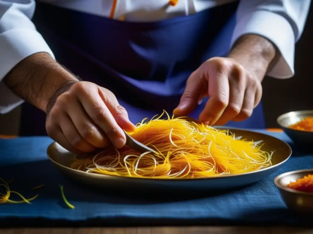 Un chef coloca hilos de azafrán en un plato persa, resaltando la historia y recetas de la cocina persa