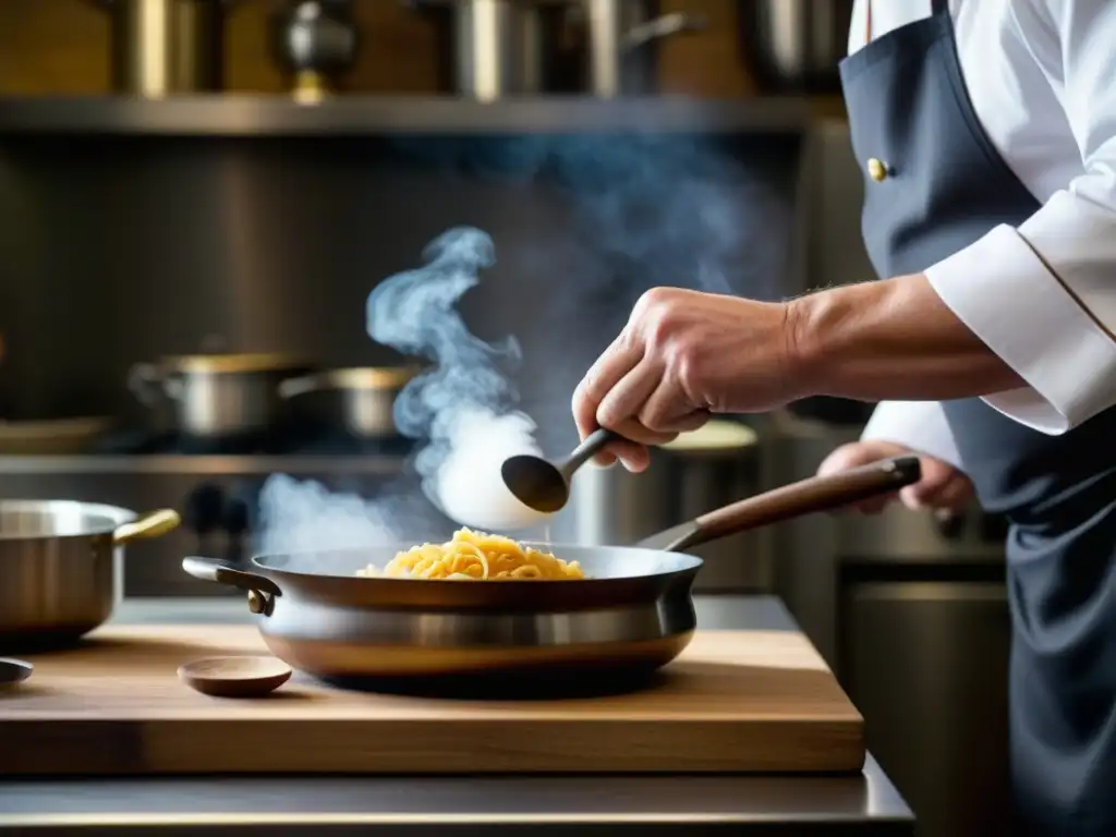 Un chef fusiona historia y modernidad al crear un plato tradicional en una cocina contemporánea, reflejando la evolución culinaria