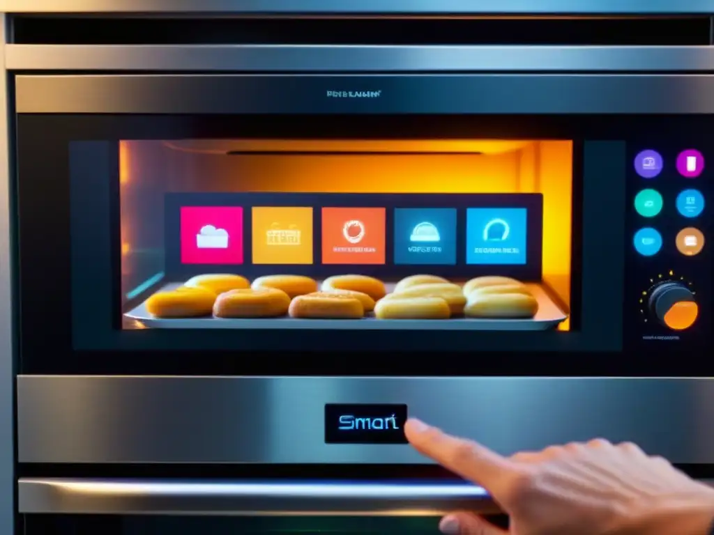 Chef ajustando horno inteligente con precisión, fusionando tradición y tecnología