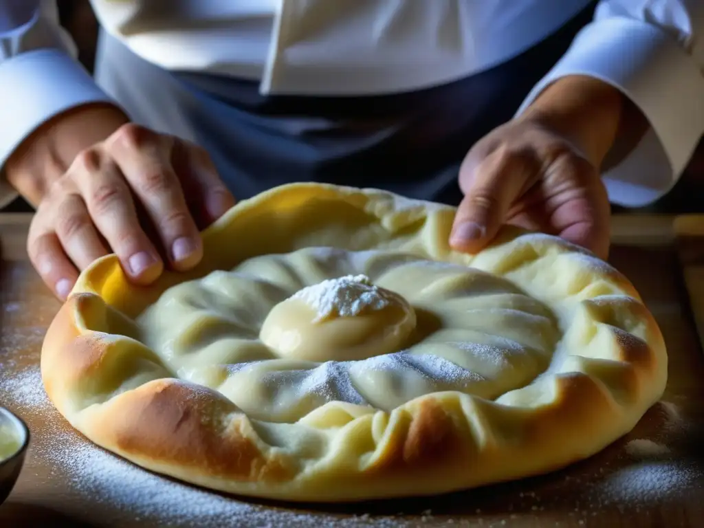 Un chef húngaro experto estira la masa de lángos, mostrando su textura y elasticidad