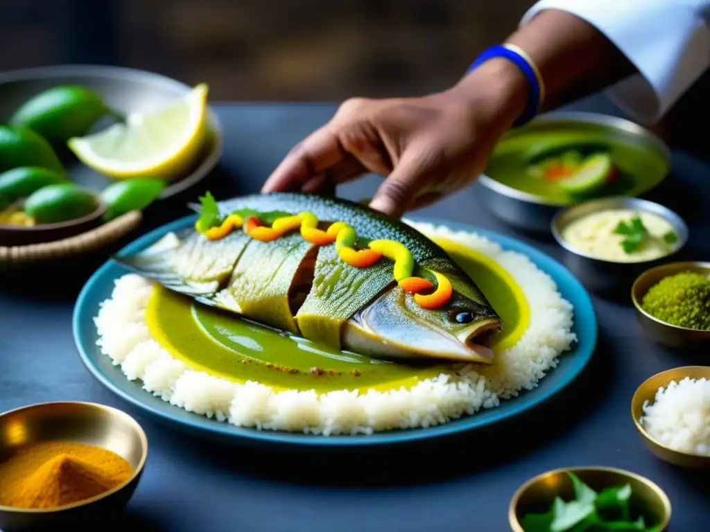 Un chef bengalí marina expertamente un Ilish con especias tradicionales, resaltando la historia del plato Bhapa Ilish