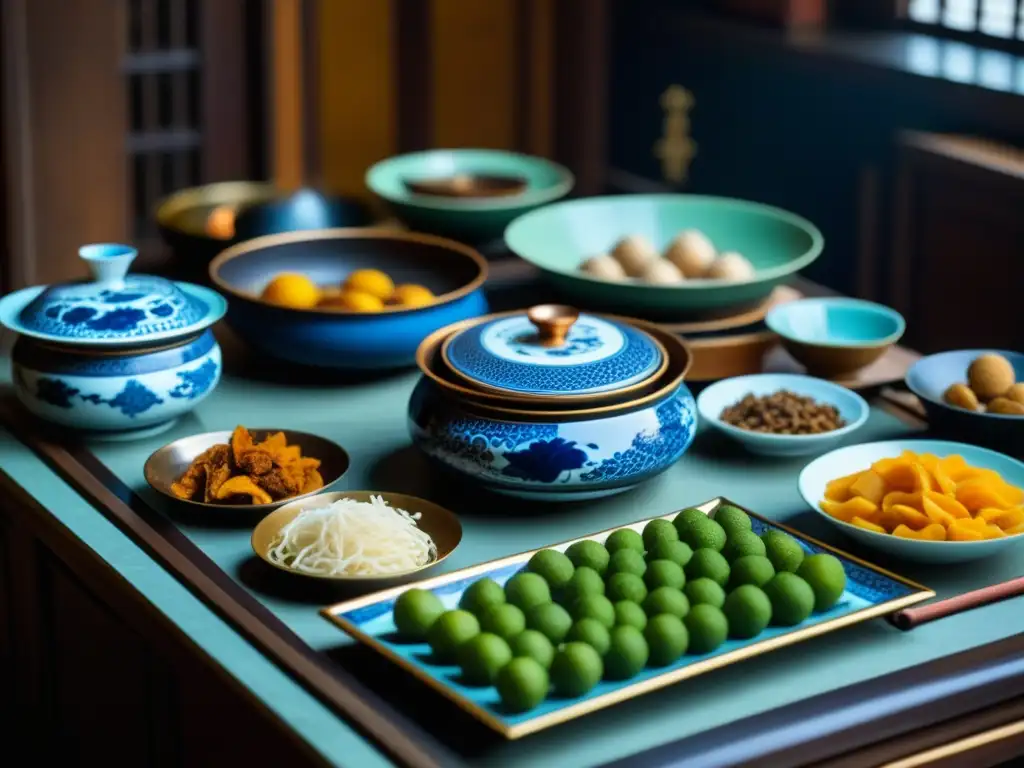 Cocina Ming: Arte culinario ancestral en detalle Un chef hábil prepara una festín imperial en una cocina de la dinastía Ming