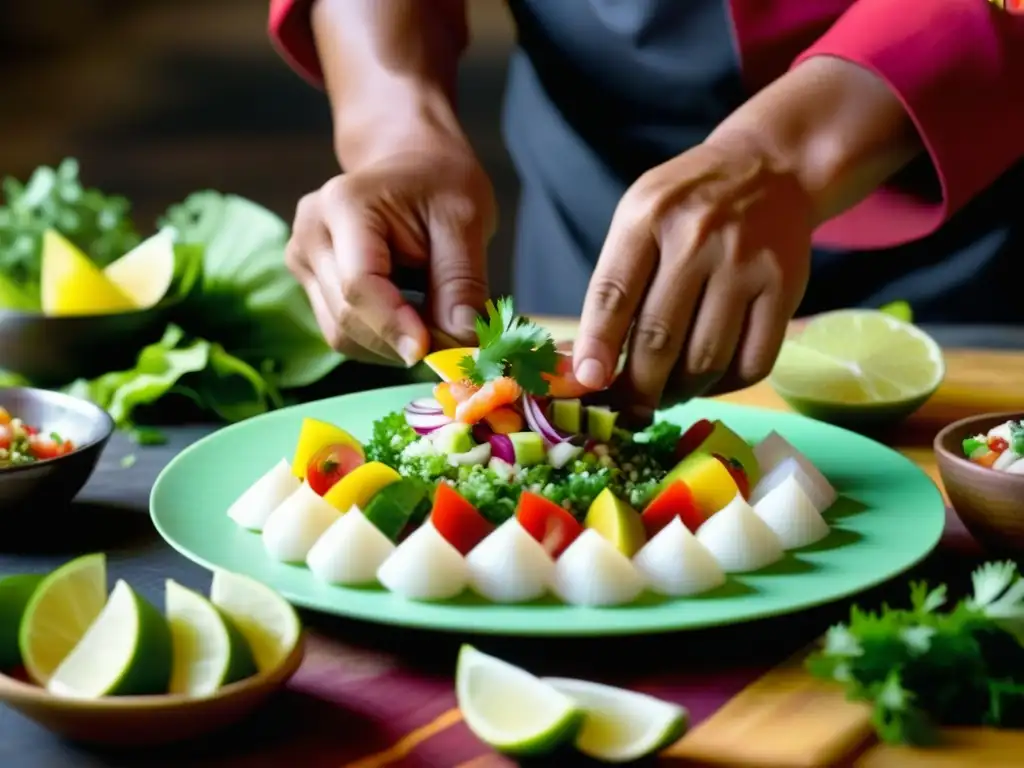 Un chef Inca preparando ceviche con ingredientes coloridos y hierbas andinas, mostrando la diversidad alimentaria del Imperio Inca