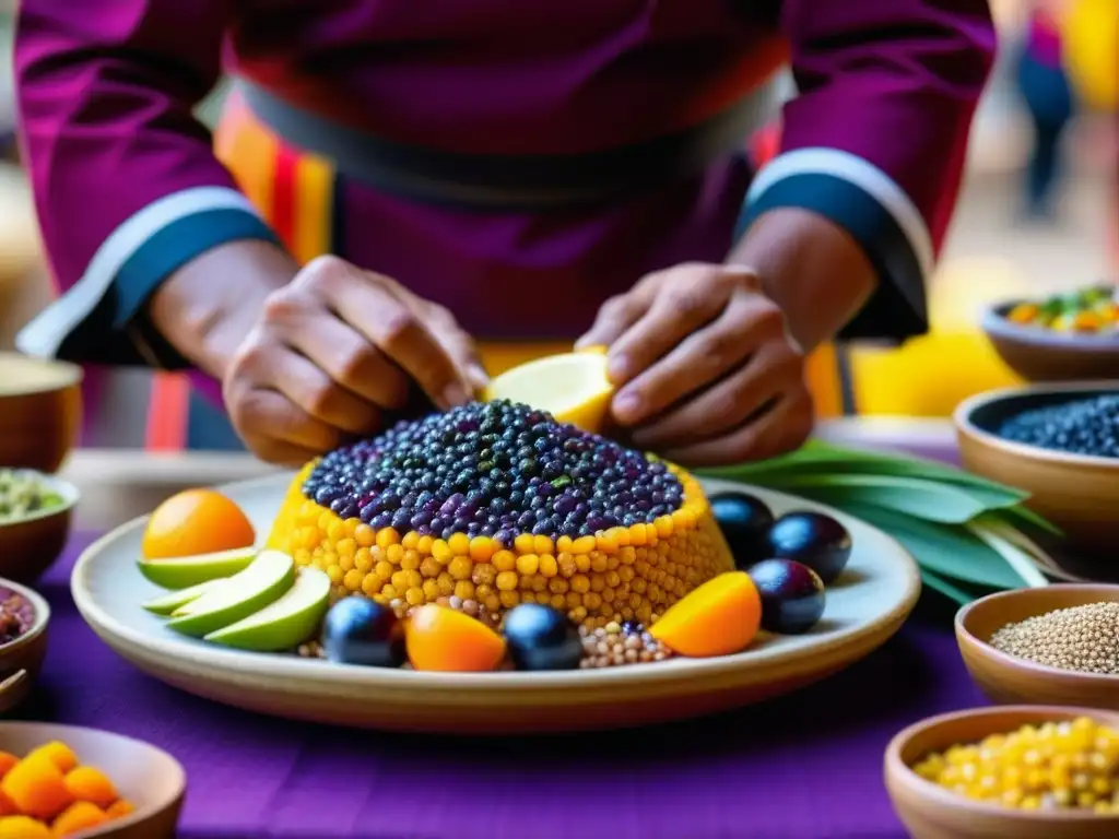 Un chef inca prepara con esmero un plato colorido inspirado en el festival Inti Raymi, en un mercado con gente indígena