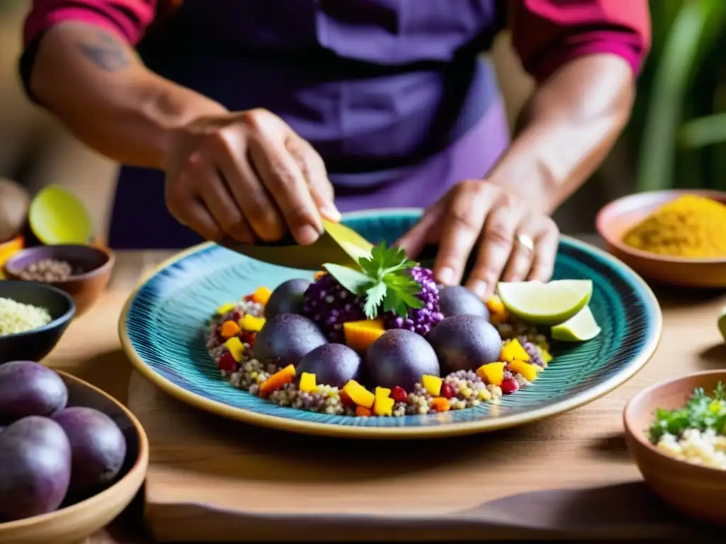 Un chef inca preparando una receta histórica con ingredientes vibrantes y detallados