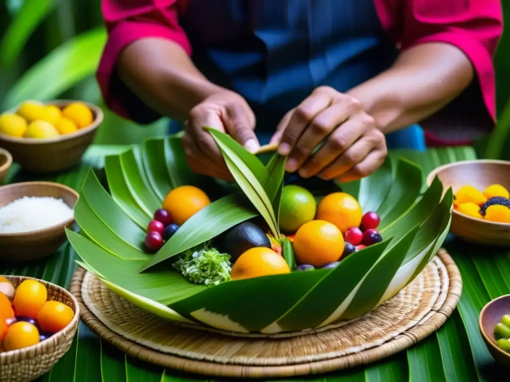 Un chef indígena amazónico prepara con maestría una colorida y elaborada receta tradicional en la selva