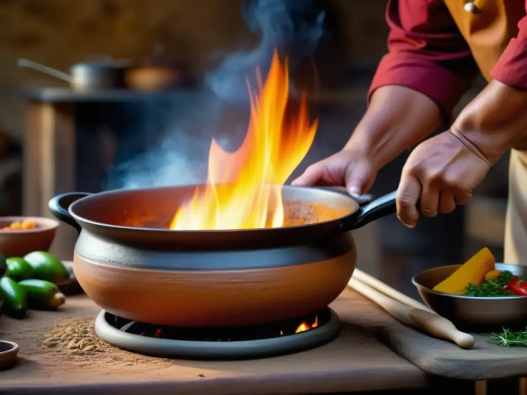 Un chef indígena prepara un plato histórico desafiando colonizadores en una cocina rústica