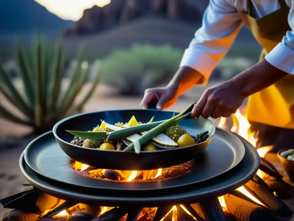 Chef indígena preparando recetas históricas culturales de caza y pesca en el desierto