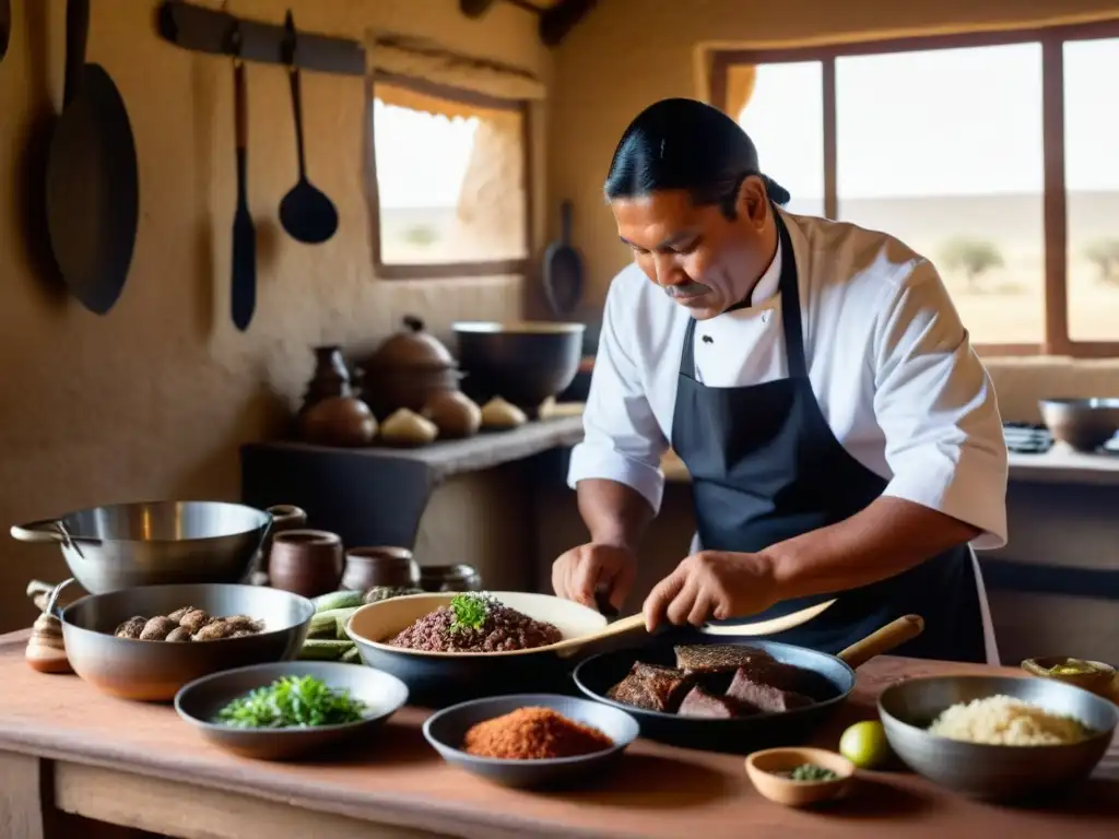 Un chef indígena preparando recetas históricas culturales de caza y pesca con meticulosidad y sabiduría ancestral