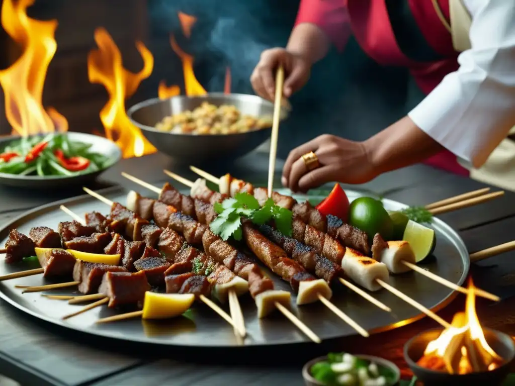 Un chef indio prepara meticulosamente brochetas de barbacoa mongola, destacando la fusión de técnicas mongolas en cocina india