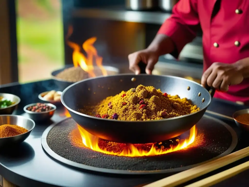 Un chef indio mezcla especias vibrantes en un wok, capturando la energía y habilidad de la influencia culinaria mongol en India