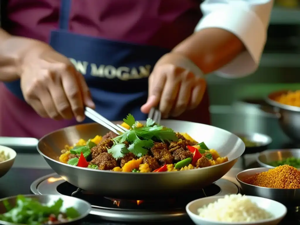 Un chef indio experto preparando un platillo mongol con ingredientes exóticos y coloridos