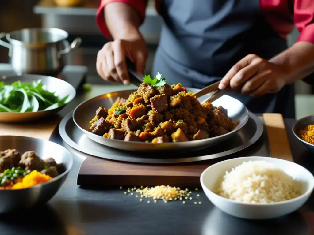 Un chef indio prepara con maestría un plato fusionado, reflejando la influencia culinaria mongol en India